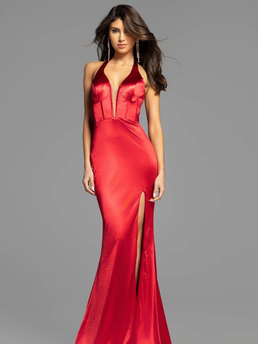 JOVANI Plunging Halter Satin Gown With Open Back And High Slit D5032